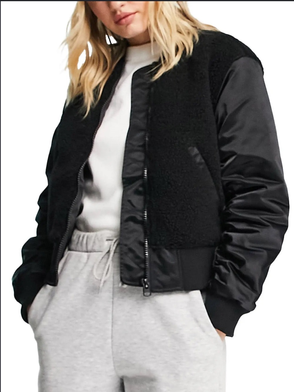 Topshop Black Mixed-Media Bomber Jacket